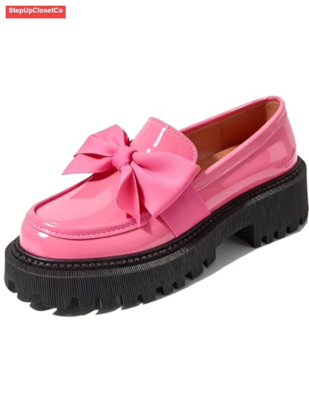 Patent Leather Bow Loafers Chunky Heel Lug Sole Slip On Dress Shoes